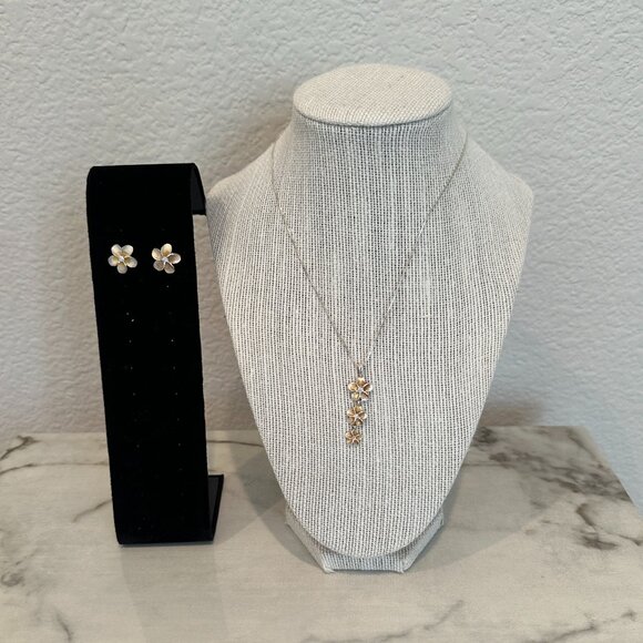 Hawaiian Sterling Silver Flower Earrings and Necklace Set - Picture 2 of 8